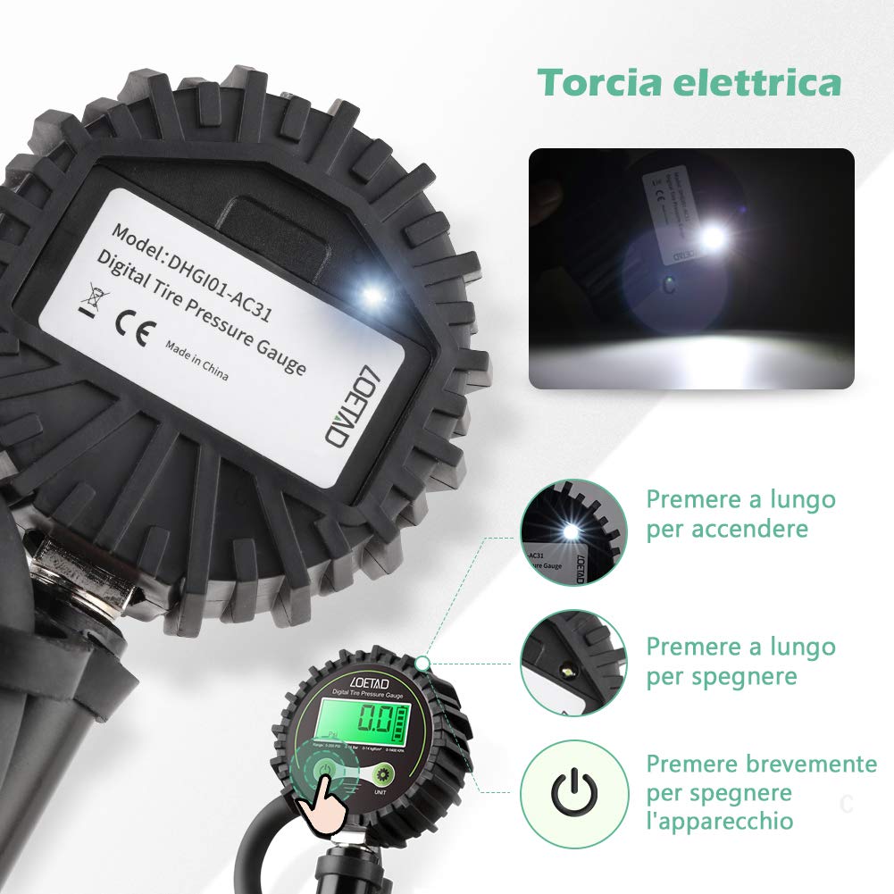 LOETAD Manometro Pressione Gomme Professionale, Manometro Digitale, Pistola Gonfiaggio Pneumatici 200 PSI Alta Precisione con Luce a LED e Schermo LCD per Auto, SUV, Camion, Moto e Biciclette