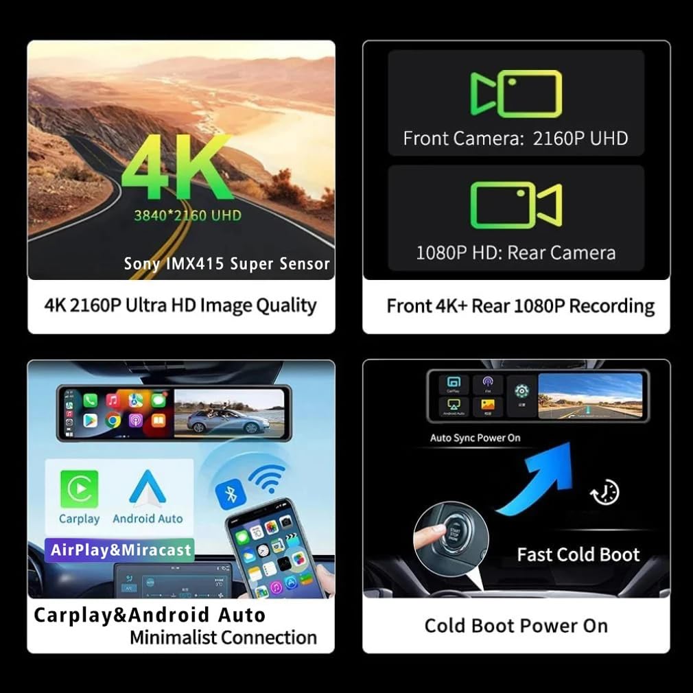 4K lustrzana kamera samochodowa z lusterkiem Carplay i Android Auto, kamera samochodowa przednia i tylna z funkcją śledzenia GPS WIFI, 11-calowa kamera z lusterkiem wstecznym ze sterowaniem głosowym /