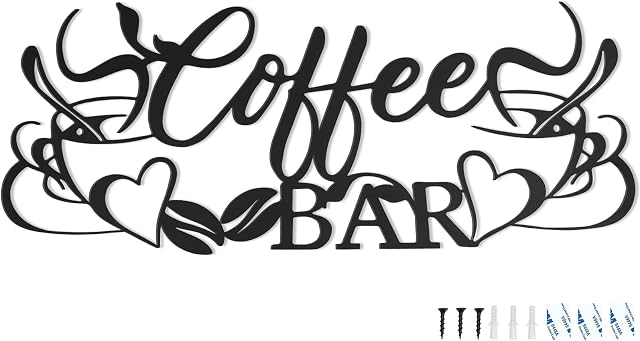 Giyiprpi Coffee Bar Sign Black Metal Wall Decor, Coffee Cup Word Wall Art Decorations, Cafe Themed Hanging Wall Sculpture for Kitchen Coffee Shop Restaurant Home (A)