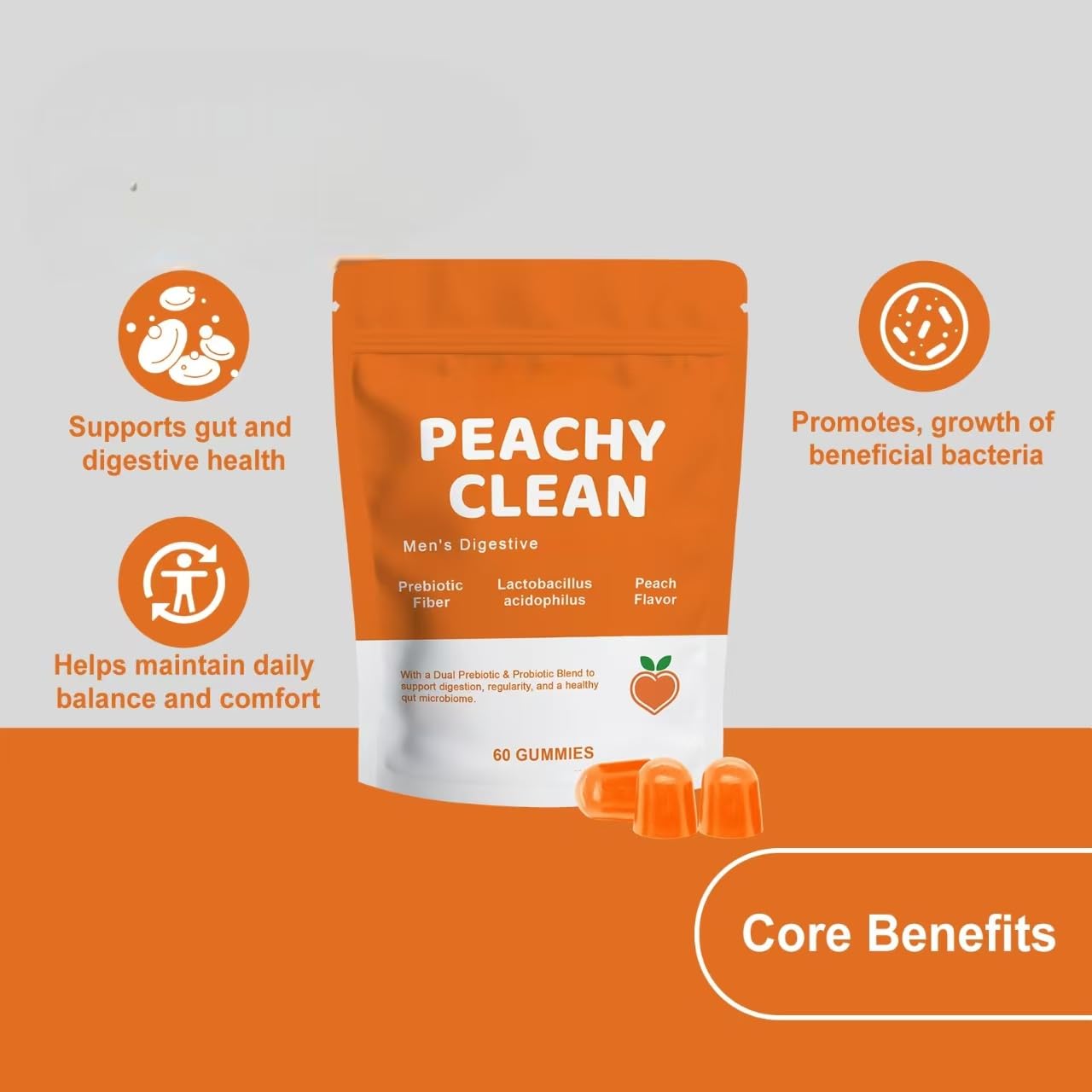 Peachy Clean Prebiotyk dla mężczyzn, 60 sztuk, wspomaga trawienie i jelita,3PCS