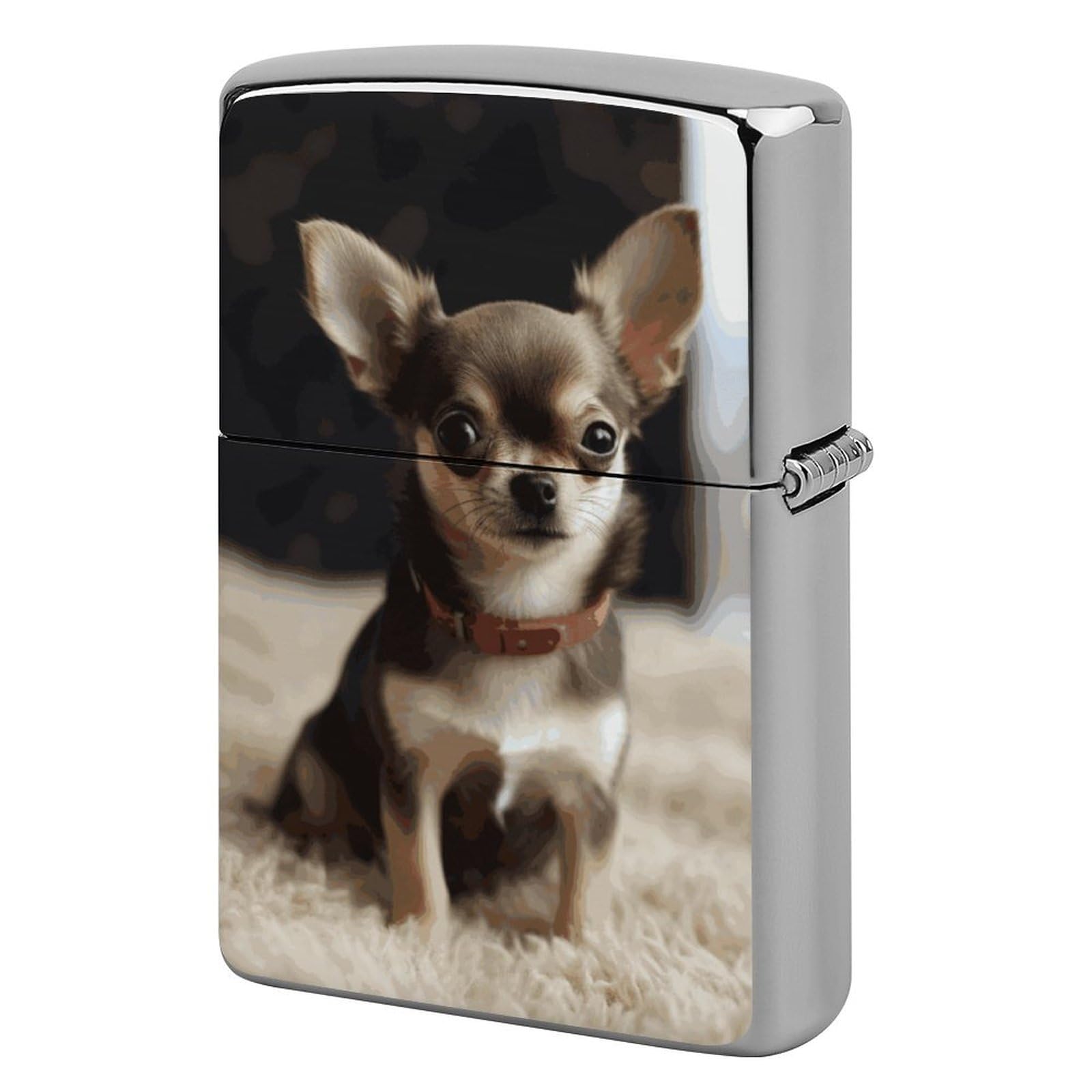 Fzmvsqh Men's White Cute Chihuahua Cigarette Lighter Case Metal Vintage Cigarette Flip Lighter Cover Pouches Kerosene Smoke Lighter Sleeve Pocket Lighters Double Side Cool Lighters For