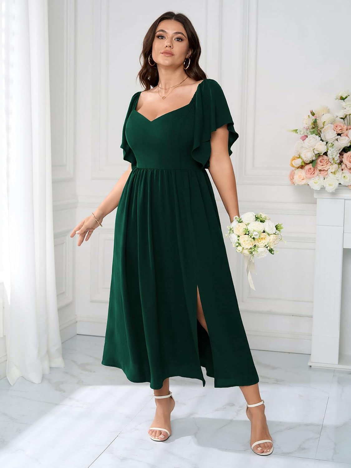 SCOMCHIC Women Plus Size Dresses Short Sleeve Sweetheart Neckline Wedding Guest Cocktail Smocked A Line Slit Maxi Dress - Image 2
