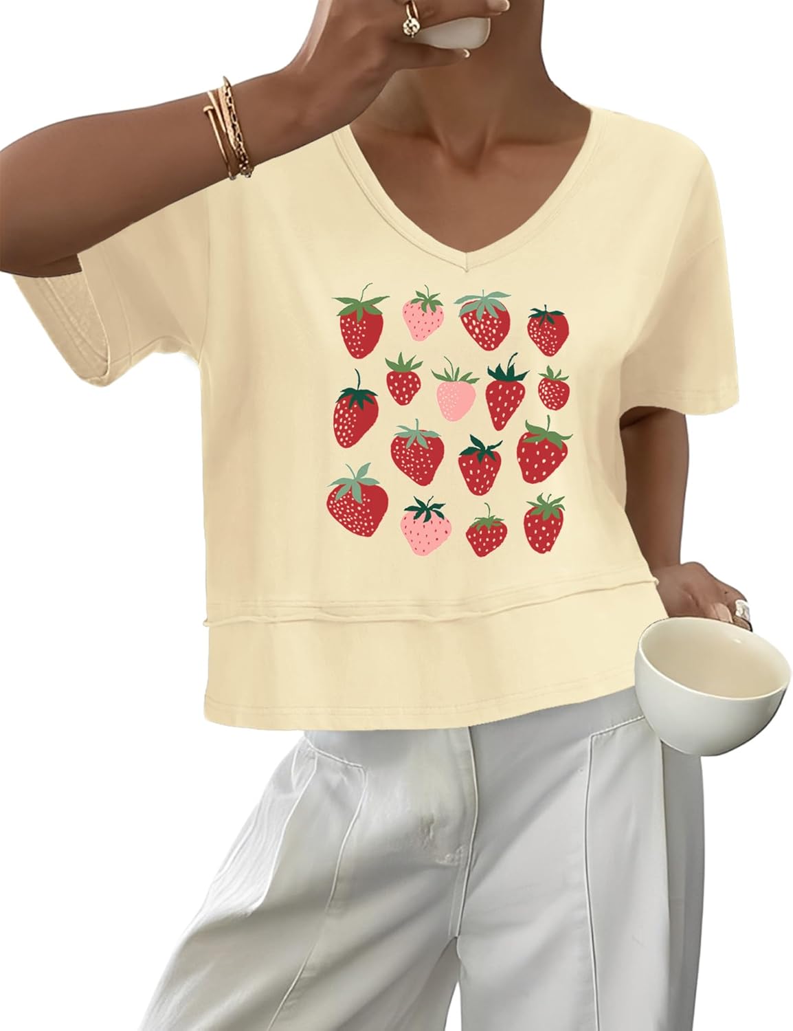 LOMON Womens V Neck Cotton T Shirts Summer Casual Cute Short Sleeve Flowy Fashion Tops Loose Fit Basic Tees - Image 2