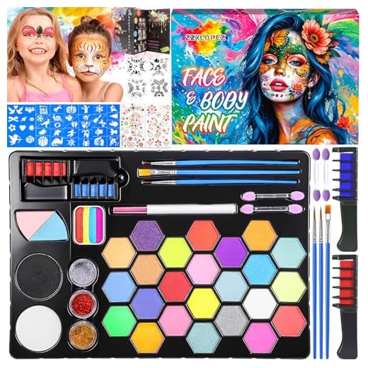 ZZXLOPEZ Pintura Facial y Corporal, 26 Colores Pintura Cara para Niños Con Pinceles, Plantillas, Diamond Stickers, Face Paint Niños, Pintacaras Infantil, Fiesta Halloween Navidad para Mardi Gras