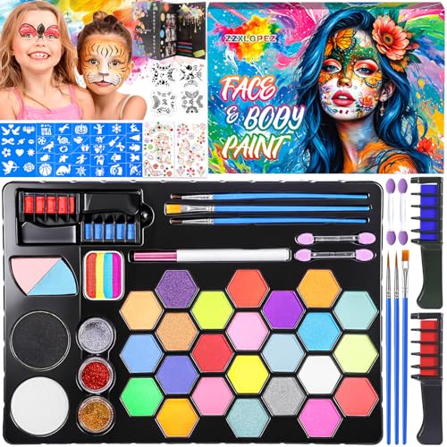 ZZXLOPEZ Tinta facial e corporal, 26 cores pintura rosto para crianças com pincéis, palmilhas, autocolantes de diamante, pintura facial crianças, pinturas infantis infantis, festa de Halloween Natal