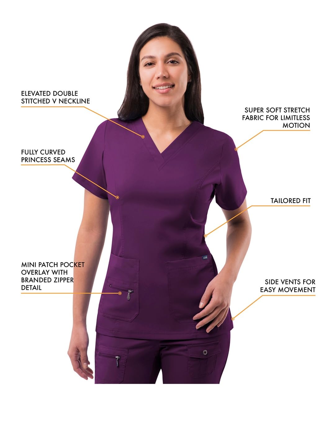Adar Uniforms Uniforme Medico Donna - Top con Scollo a V/Pantaloni Multi-Tasca - 4400 - Eggplant - S