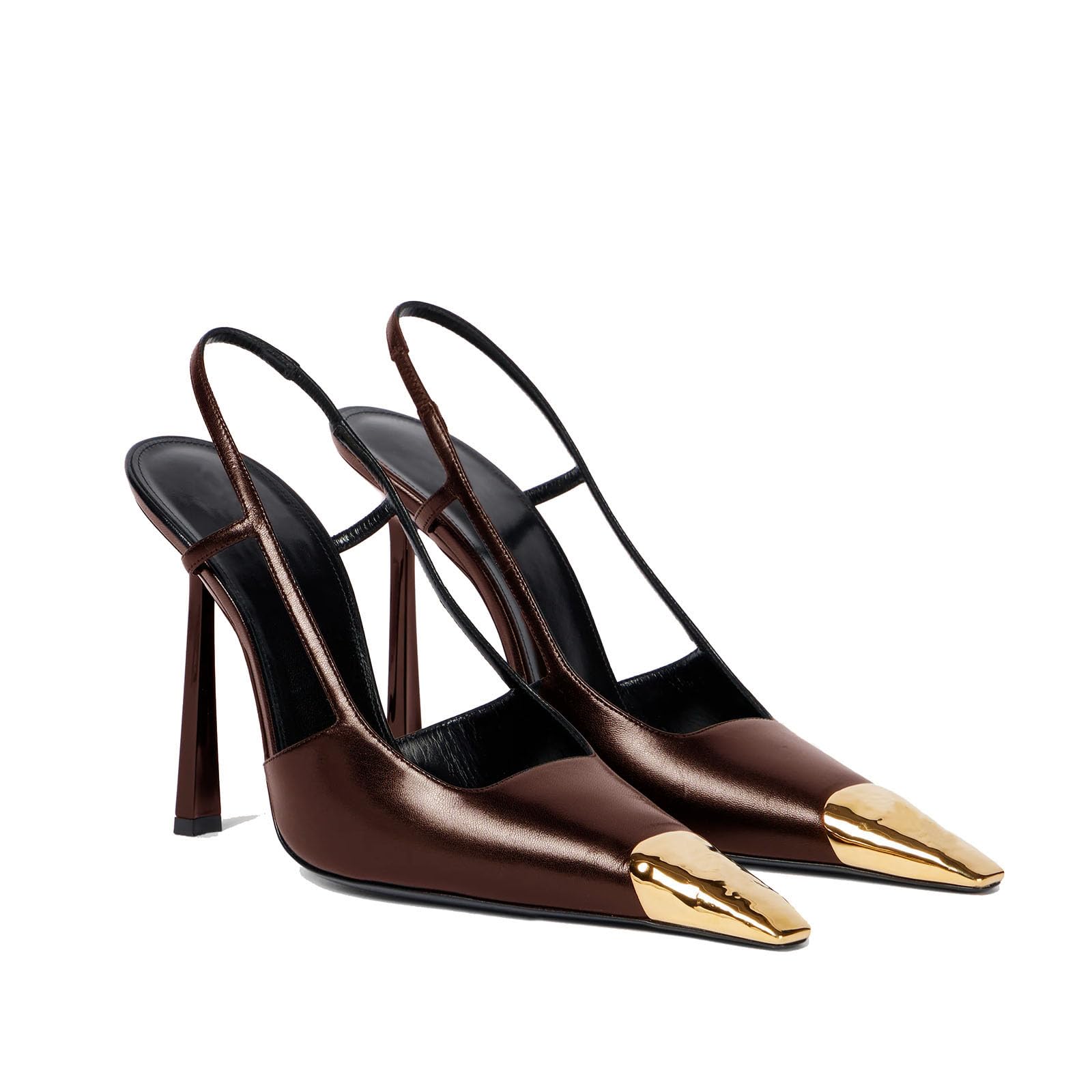 THESHY Womens Slingback High Heels Metal Pointed Toe Leather High Stiletto Heel Pumps Slip on Elastic Strap Fashion Dress Shoes for Women