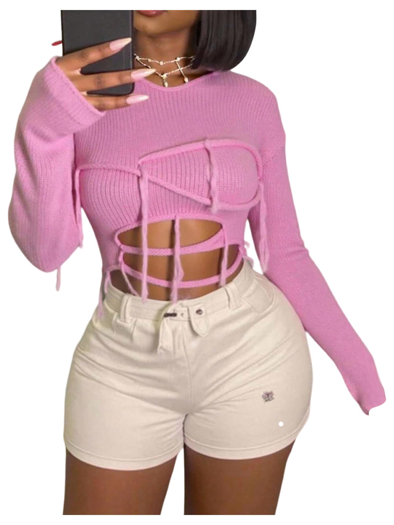 WDIRARA Womens Cut Out Ripped Sweaters Pullover Knit Tops Cropped Sweaters