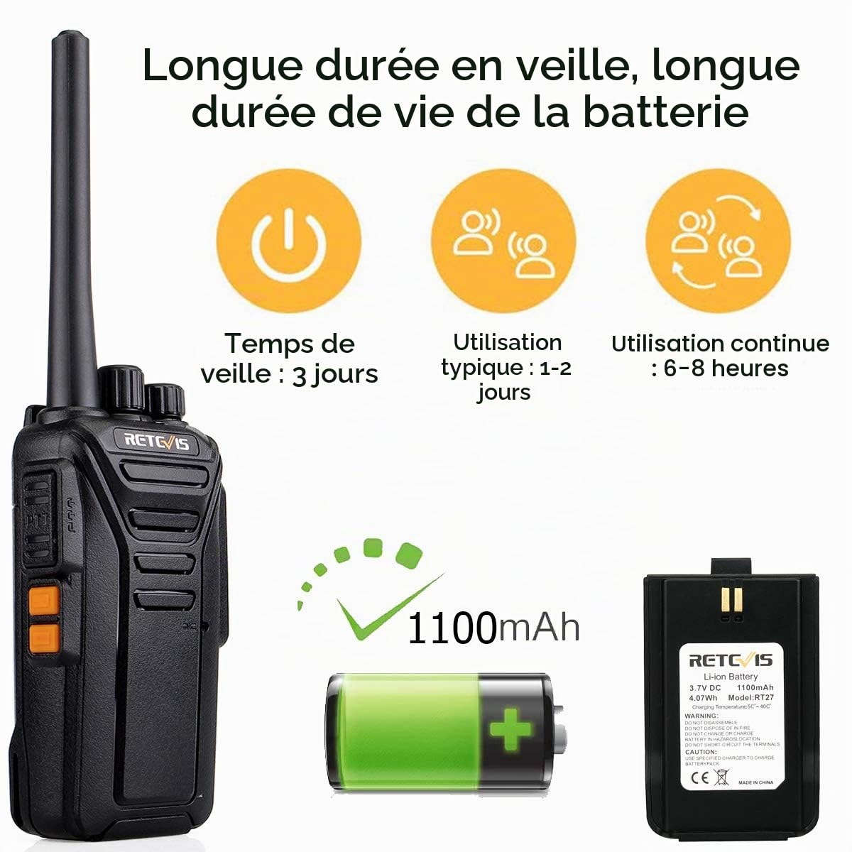 Retevis RT27 Talkie Walkie, Rechargeable avec Chargeur USB PMR446 sans Licence 16 Canaux VOX Toki Walki Professionnel pour Service de sécurité École Restaurant (Noir 5pcs)