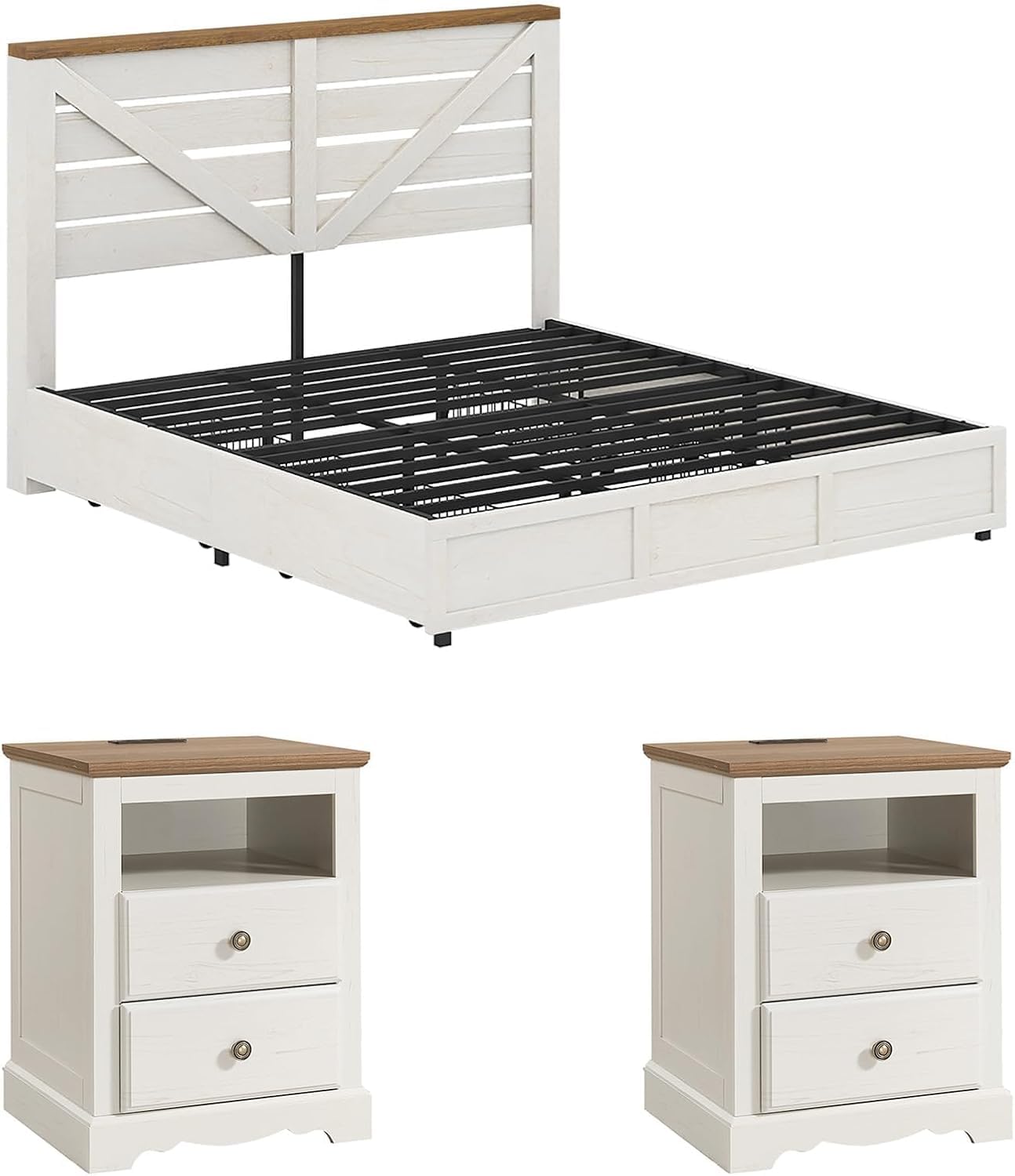 AMERLIFE Queen Size Bed Frame Set with 4 Drawers, 3-Piece Bedroom Set | Farmhouse Style, White Finish, 2 Nightstands, Charging Station, Under Bed Storage, Bedroom Furniture