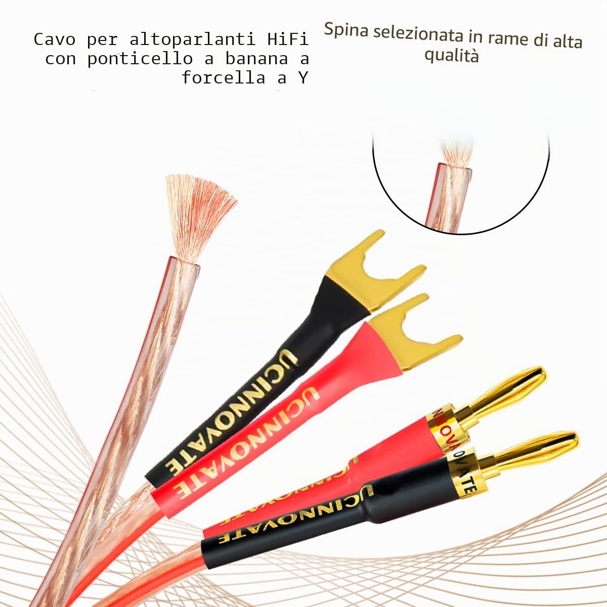 Set di 2 cavi per altoparlanti HiFi con forchetta a U placcata in oro per altoparlante e amplificatore audio 2 m
