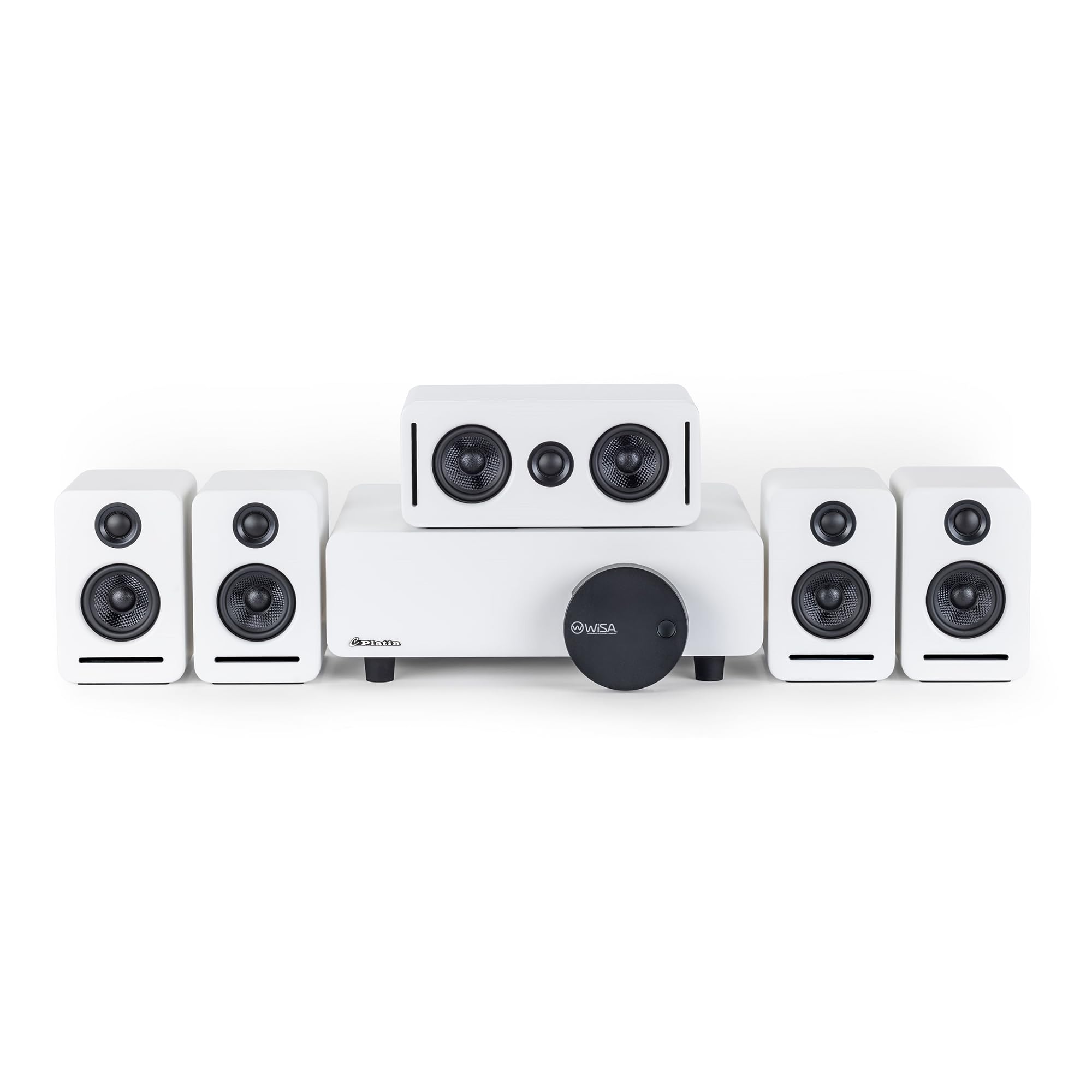 Système de son home cinéma 5.1 Dolby Atmos, système de son surround sans fil avec WiSA Low Latency, mise à niveau du son TV et de jeu pour le salon, kit Monaco compact, blanc