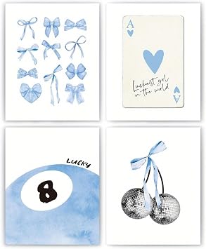 DWUENT Preppy Room Decor,Aesthetic Lucky Theme Wall Art Prints, Set of 4 Light Blue Canvas Posters with Bow & Disco Ball for Girls Bedroom,Dorm, Living Room  30x20cm Unframed