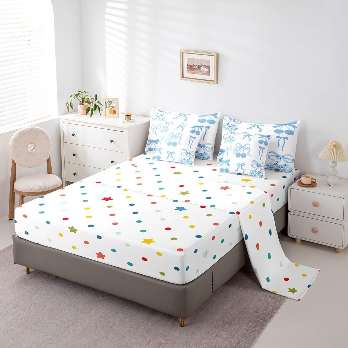 Kawaii Blue Bow Kids Comforter Set With Sheets For Boys Girls Twin Size,Cute Bowknot Princess Bed In A Bag,Coquette Bow Knot Soft Bedding Sets,Watercolor Ribbon E1 Western Preppy Room Decor