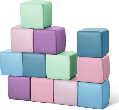 TODIBY Foam Building Blocks for Toddlers:12-Pieces Wipeable Leather Stacking Cubes Kids - Large Soft Toys Play Set for Learning Construction Baby Preschool Daycare Therapy Birthday Gift (Purple Pink)
