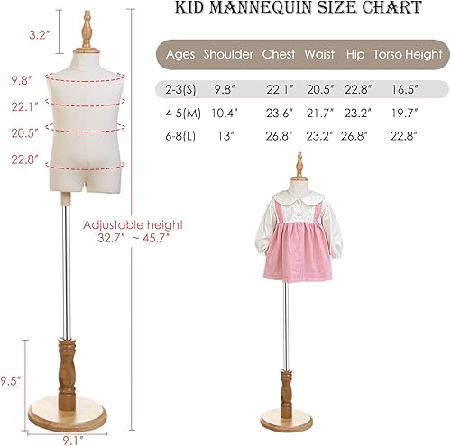 Miniatura 3 de KTMANEQ Maniquí de forma de vestido para niños con soporte de madera para ventana de ropa (S(2-3 años))