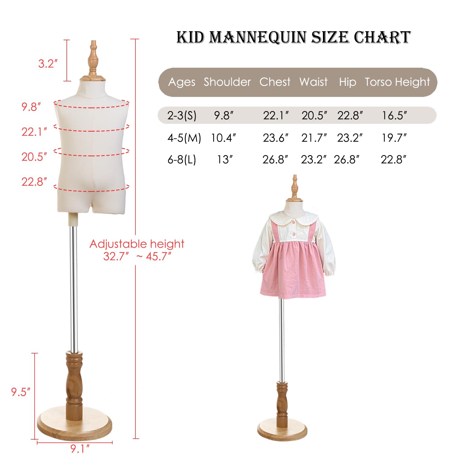 Kinderkleiderpuppe mit Holzständer für Kleidung, Fenster, Größe S (2–3 Jahre))