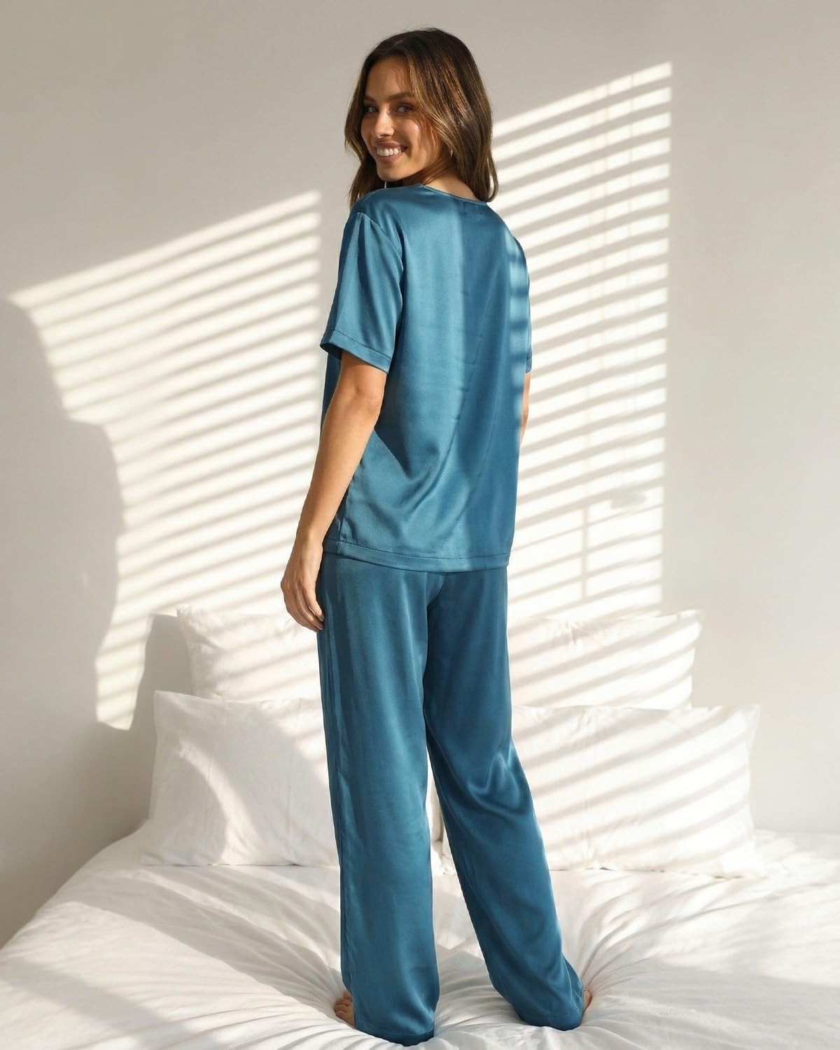 Zylioo Womens Pajama Sets Tall Satin 2 Piece Pajamas for Women Set Short Sleeve Top & Long Pants Silky Sleepwear
