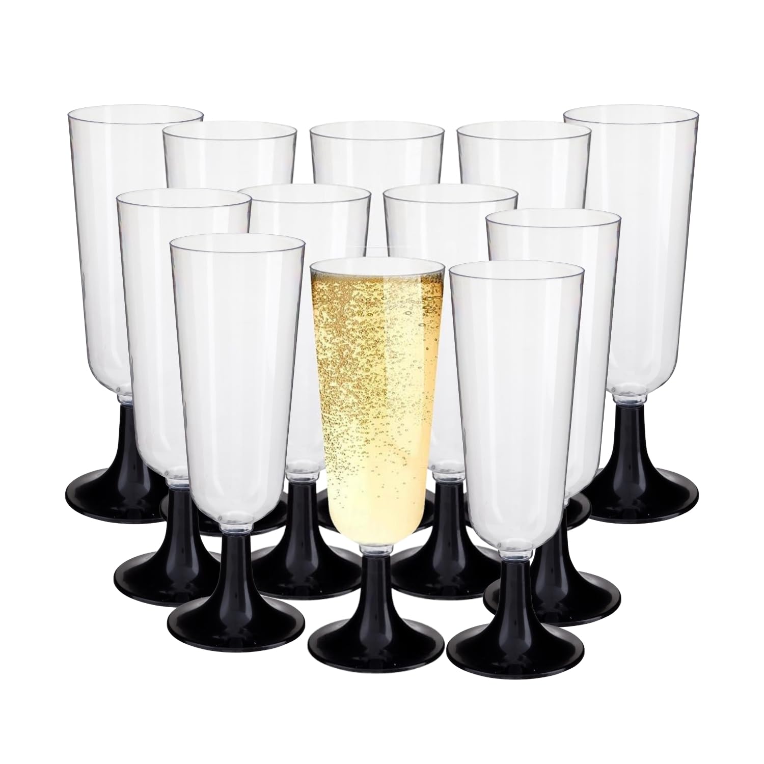 HOMESHOPA 12 Pack Plastic Champagne Flutes, Clear Wine Glasses Black Base, Unbreakable Reusable Cocktail Prosecco Glasses for Weddings Birthdays Christmas BBQ & Garden Parties