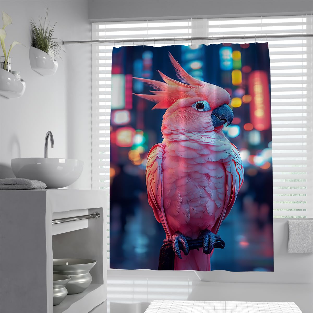 UIRINGART Bird Bathroom Curtains W120xL180cm Lovely Pink Cockatoo Portrait City Waterproof Mould Resistant Washable Fabric Shower Curtain Bath Decor with Hooks