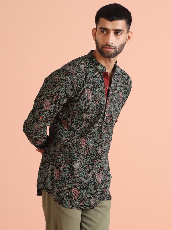 Image of KISAH Men's Short Kurta, Magenta Silk Blend, Woven Design Regular Fit Mandarin Collar Long Sleeves