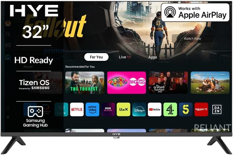HYE 32 inch Smart TV with HD Ready display, frameless design, WiFi, Bluetooth...
