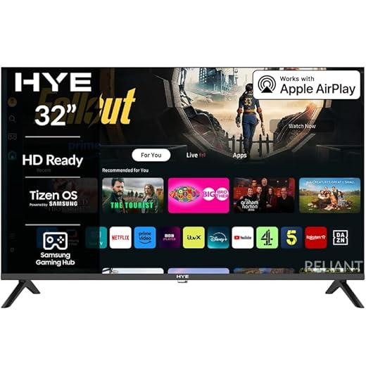 HYE 32 inch Smart TV with HD Ready display, frameless design, WiFi, Bluetooth, Samsung Tizen OS, Gaming Hub, TV streaming apps & HDMI connectivity – 32HDS1008 [2025]