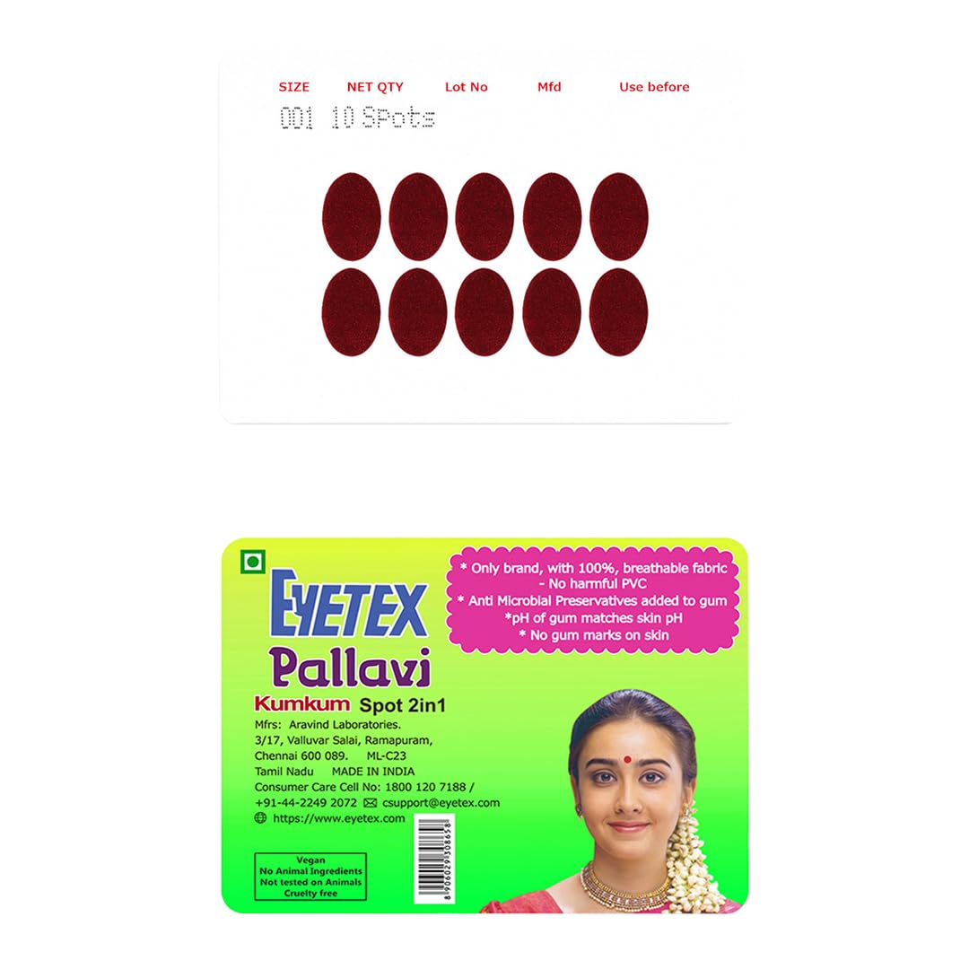 Eyetex Pallavi Sticker Kumkum-Oval-OX1-Maroon,20 Flaps,Only Brand with 100% Breathable Fabric,No Harmful PVC,Skin Neutral pH,Does not Irritate Skin,No Gum Marks on Skin,Popular for Over 80 Years