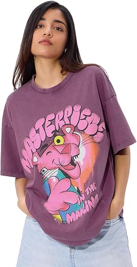 The Souled Store Pink Panther: Masterpiece Women and Girls Short Sleeves Round Neck Pink Graphic Printed Cotton Oversized ...