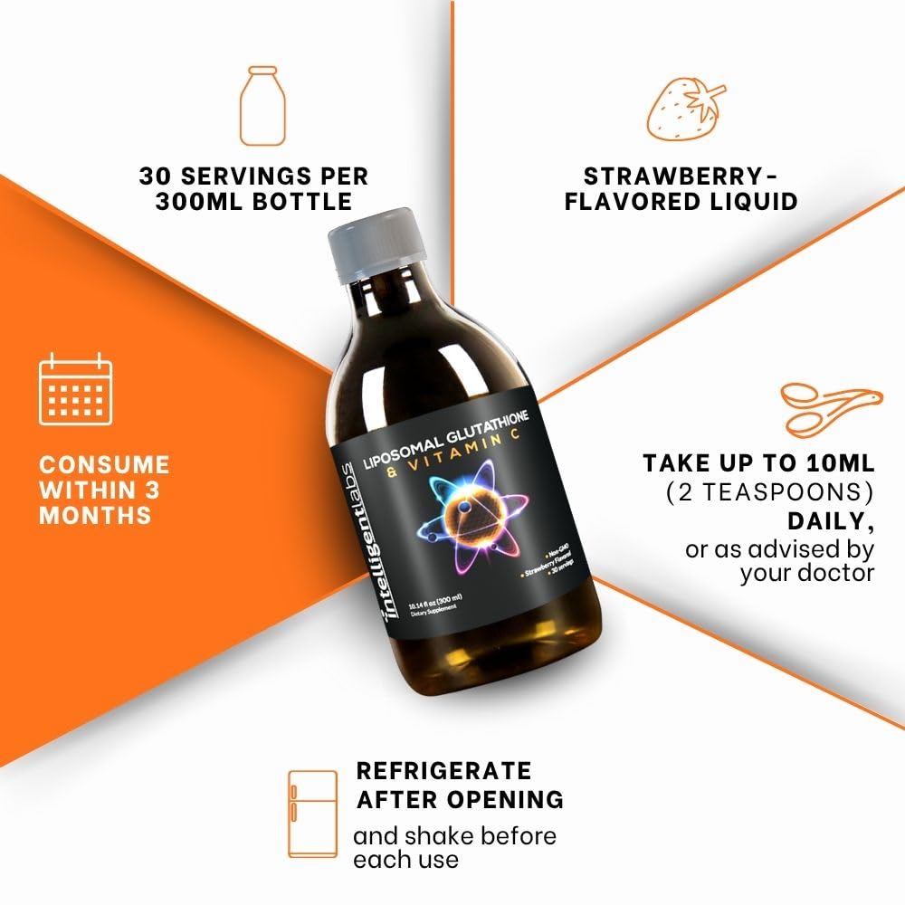 Amazon.com: Intelligent Labs Liposomal Glutathione + Vitamin C, Advanced  Liquid Antioxidant Formula, 500 mg Reduced L-Glutathione + 1000 mg Vitamin C  per Serving, 30 Servings, Soy Free : Health & Household