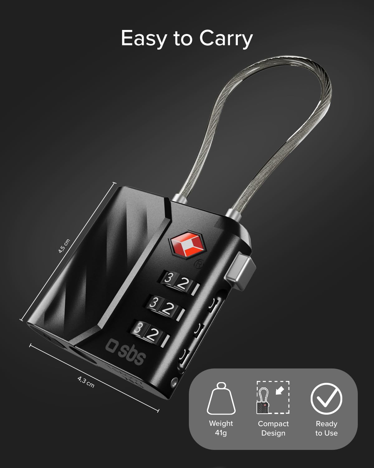 SBS Track My Lock, Zamek TSA z Wbudowanym Lokalizatorem Finder, Kompatybilny z Apple Find My (iOS), Zamek z Kodem 3-cyfrowym, Alarm 60 dB, Ładowanie USB-C, Idealny do Walizek i Toreb, Czarny