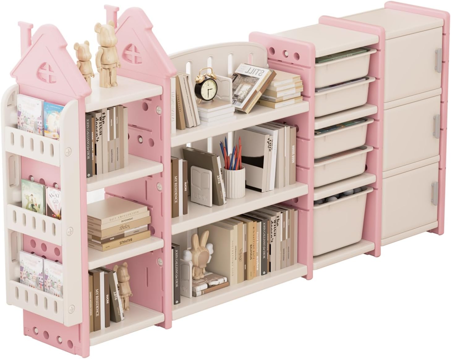 UNICOO® Kids Toy Storage Organizer with Removable Bins, 4-Tier Bookshelf and Cabinet - Storage Cabinet for Toddlers, Space-Saving Storage and Organization Shelves for Nursery, Study Room (Pink)