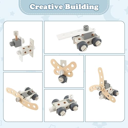 Miniatura 3 de Costzon Banco de herramientas para niños, banco de trabajo de madera con 61 herramientas y accesorios de juguete, juego de herramientas de