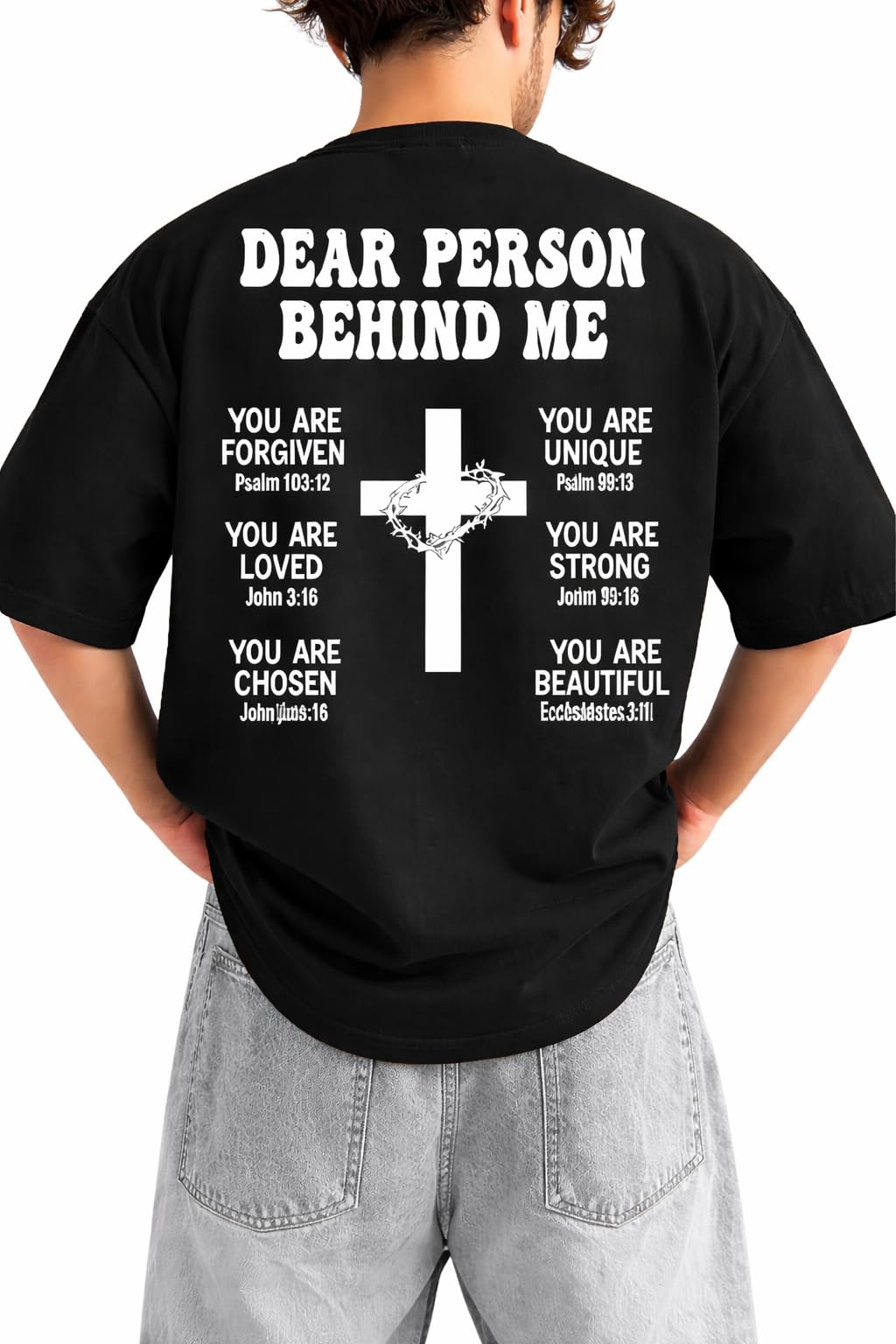 sxv style Men's Oversized T-Shirt, 'Dear Person Behind Me' Christian Bible Verse Graphic, Cross Print, Green and Black-picture-27