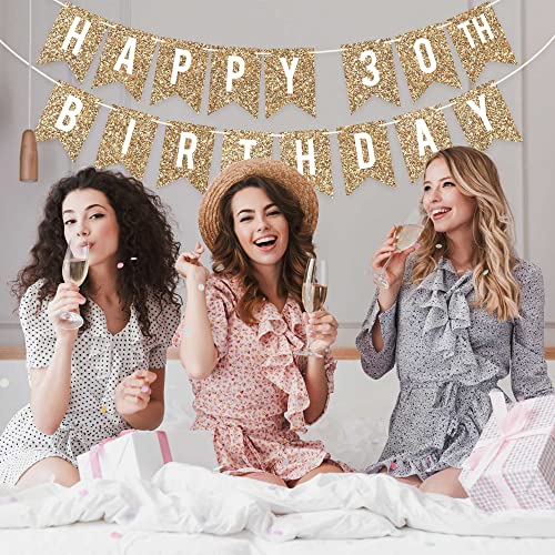 Image of Pre-Strung Happy 30th Birthday Banner - Gold Glitter Birthday Banner | No DIY - Gold Glitter 30th Party Decorations - Pre-Strung on 6 ft Strands - Bday Party Decorations & Decor