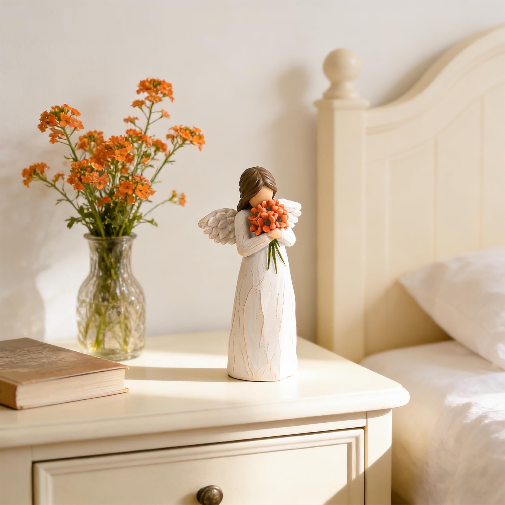 Statuetta di angelo custode con fiori rosso-arancioni, statua di angeli scolpiti in resina dipinta a mano, regali di speranza e rinnovamento emotivo, decorazione per la casa, festa della mamma