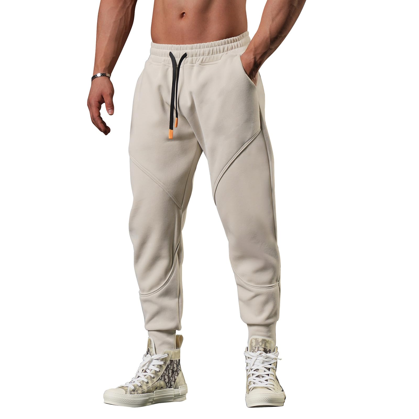 Men’s Sweatpants Gym Athletic Pants Workout Jogger’s Casual Trousers Relaxed Fit Legging Pants with Drawstring Apricot