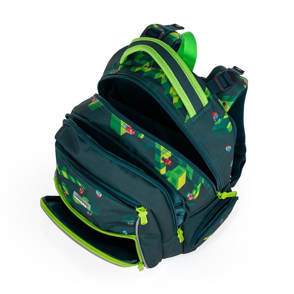 OXY GO - Mochila escolar (3 piezas, para 1 a 3ª clase: mochila ergonómica, estuche y bolsa de gimnasia), con elementos reflectantes para mayor seguridad, ideal para niños, Mundo del juego