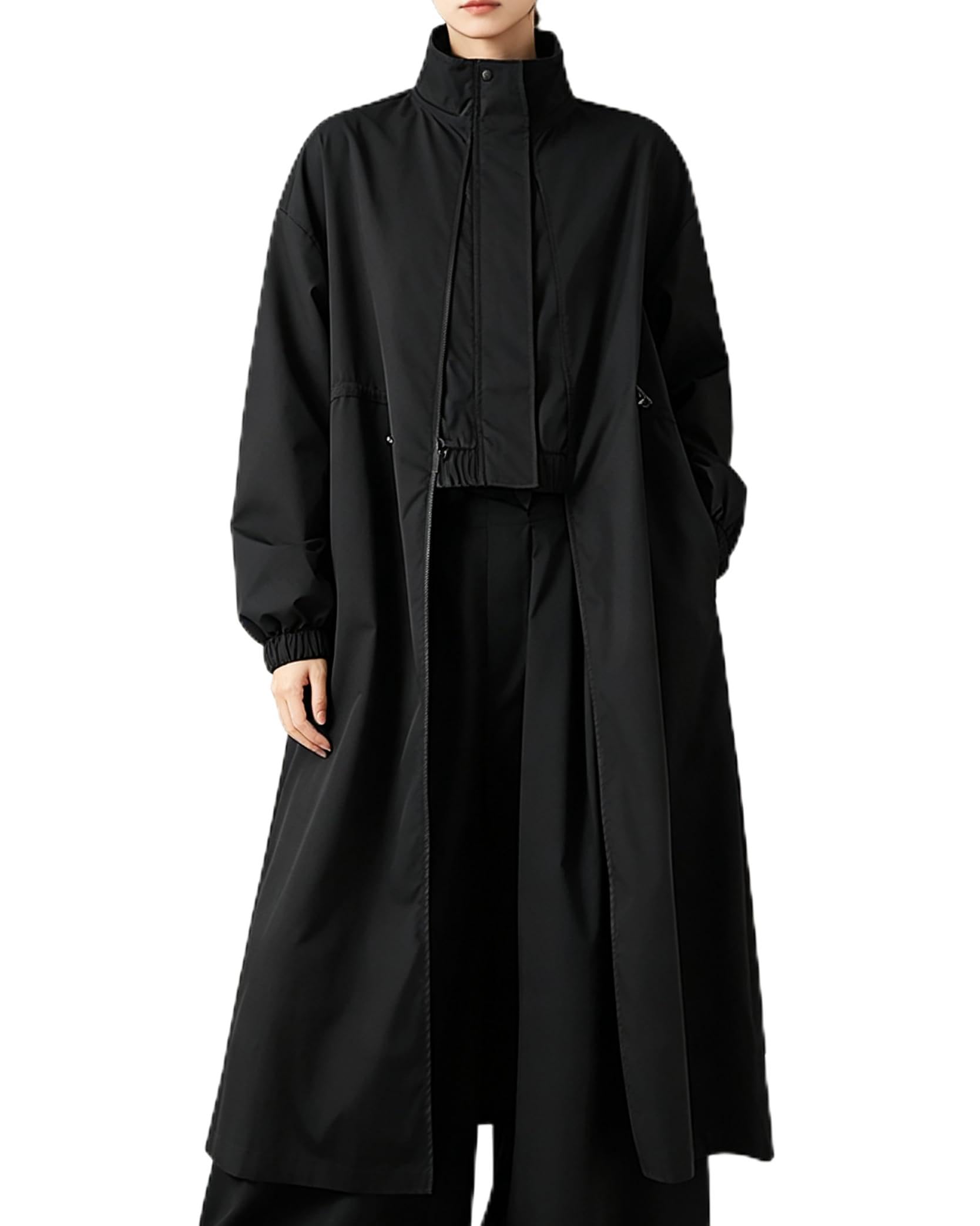 ellazhu Manteau pour femmes, col montant, fermeture éclair, cordon de serrage, uni, manches longues, poches latérales, ourlet long GZ723 A