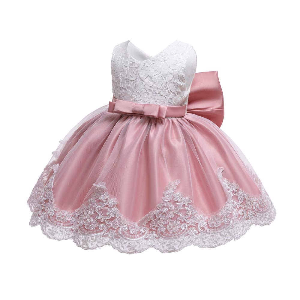Vestido formal para bebé niña pequeña bordado de encaje con gorro, 0-24 meses, Rosado, 18-24 Months