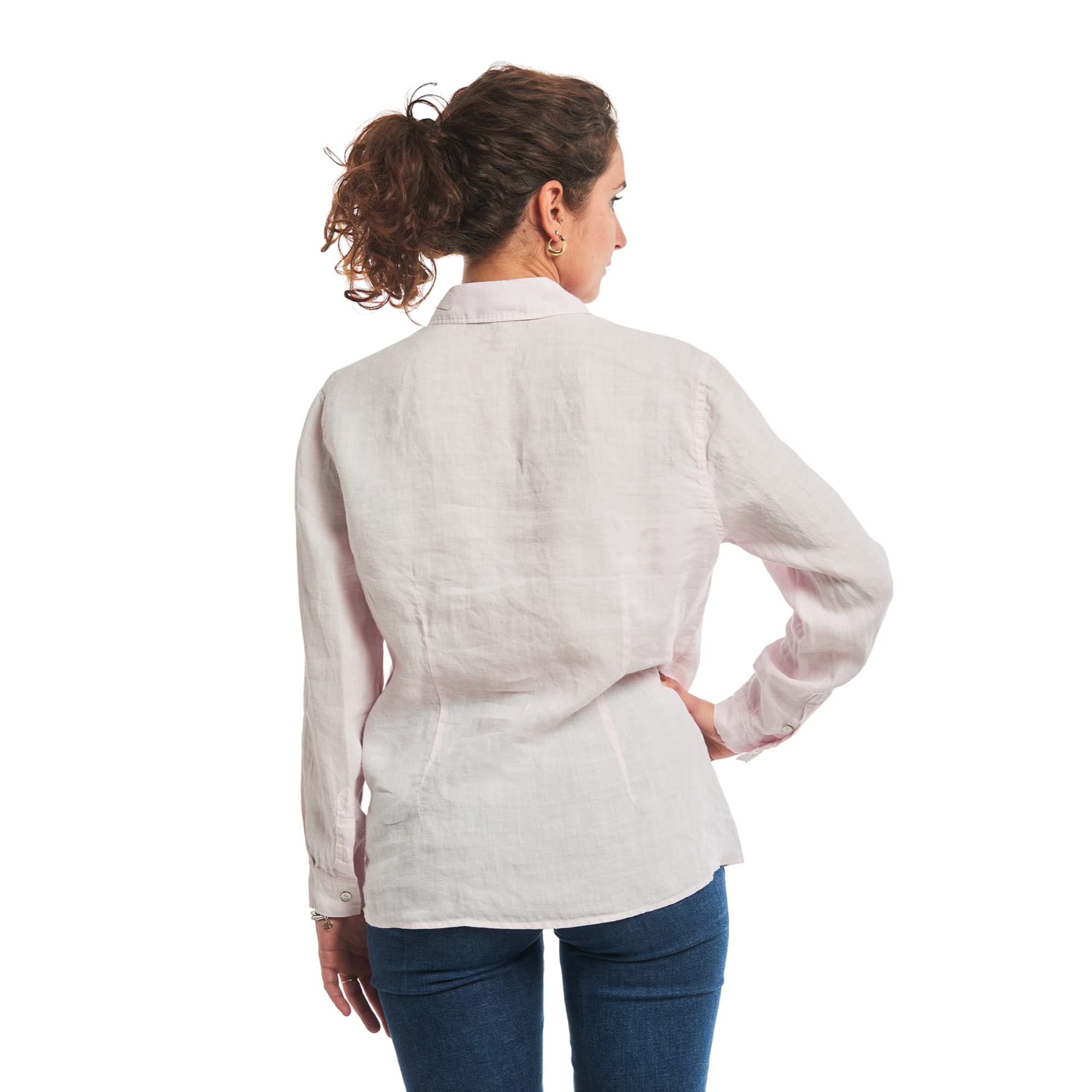 Camicia da Donna in Puro Lino, Elegante Bottoni Davanti, Collo Classico, dalla S alla XXL, in Cinque Fantasie o Tinta Unita, Bianca, Beige, Rosa, Blu, A Righe