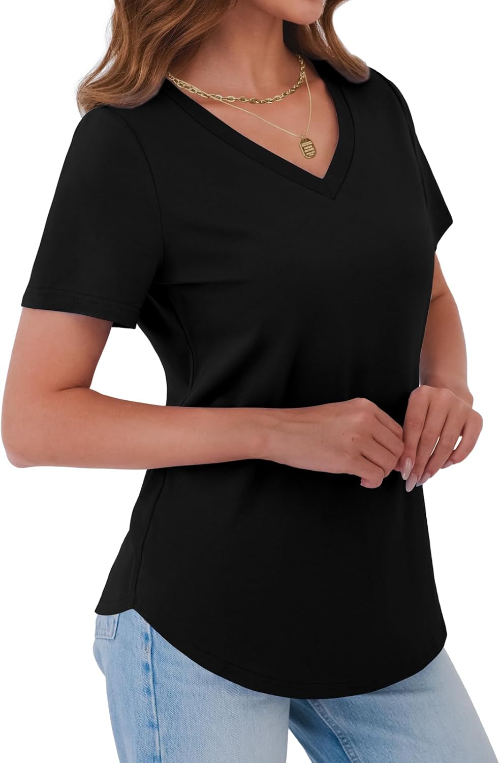 Womens T Shirts V Neck Short Sleeve Cotton Tops Summer Curved Hem Trendy Basic Tee Shirt S-XXL - Image 3