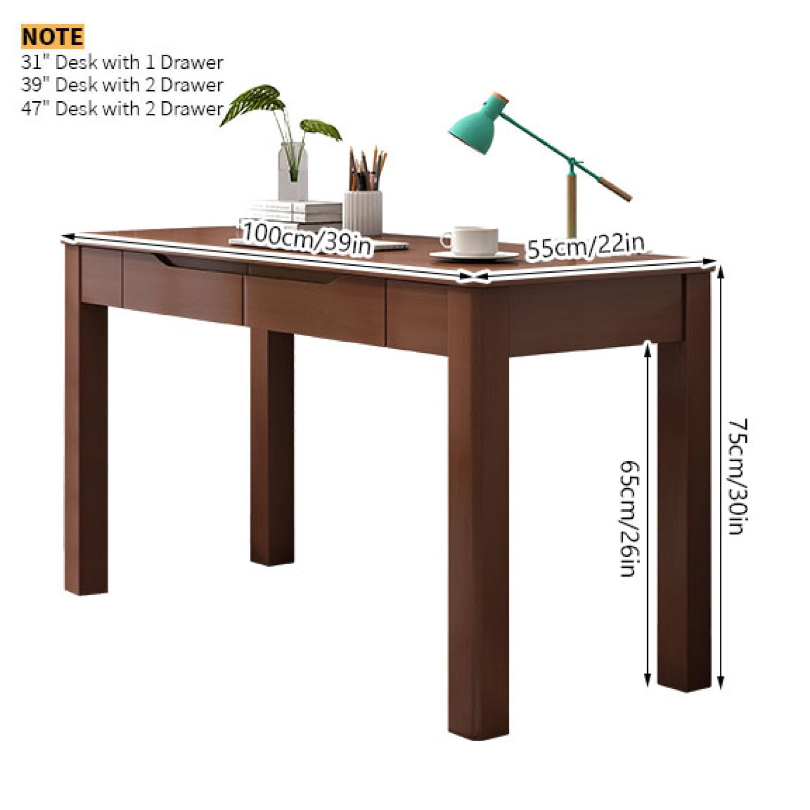 Escritorio de Madera de Roble 100% Macizo: Mesa de Estudio pequeña con 2 cajones, Escritorio de Oficina en casa Sencillo y Moderno, Escritorio de computadora (39 Pulgadas, Nogal)