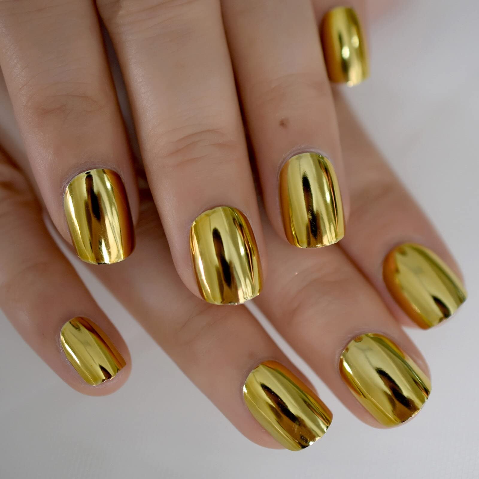 Coolnail Shiny Punk Style Metallic Gold Color Press on False Fake Nails Metal Plating Acrylic Short Reflective Mirror Golden Nail Art Tip
