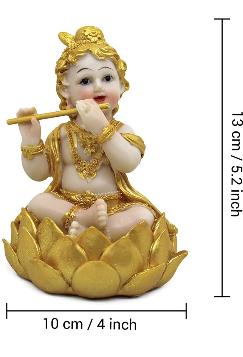 KRISHNAGALLERY1 Polyresin Baby Lotus Krishna Murti Statue Radha Krishna Love Couple Statue Idol 5 Inch(Golden) 1