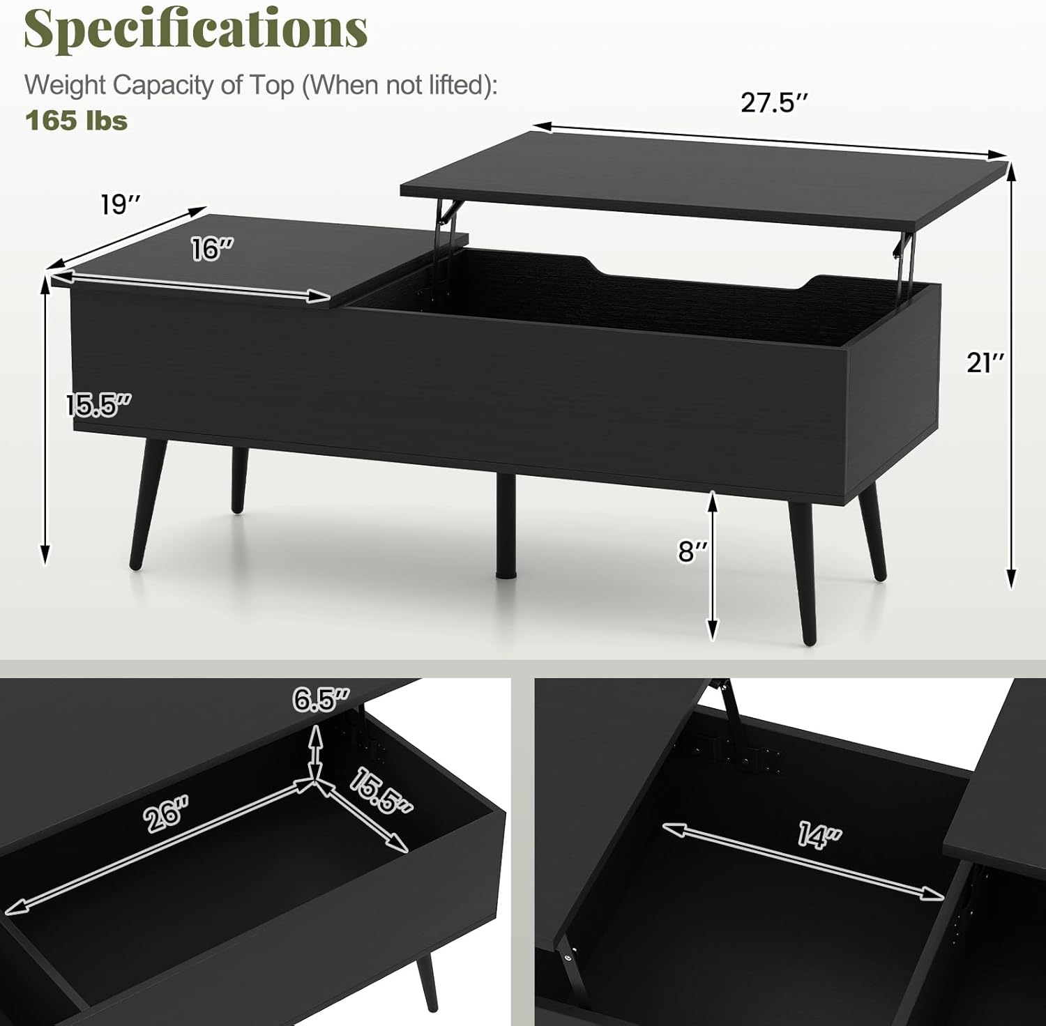 Giantex Lift Top Coffee Table, Wood Center Table with Storage, Lift Tabletop, 2 Hidden Compartments & Tapered Metal Legs, Coffee Tables for Living Room (Black)