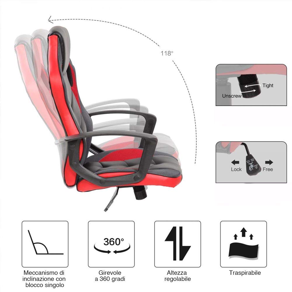 BAKAJI Sedia Poltrona Gaming Scrivana Ufficio Casa in Ecopelle Schienale Reclinabile Rotazione 360 Gradi Direzionale Altezza Regolabile Base 5 Ruote (Rosso)