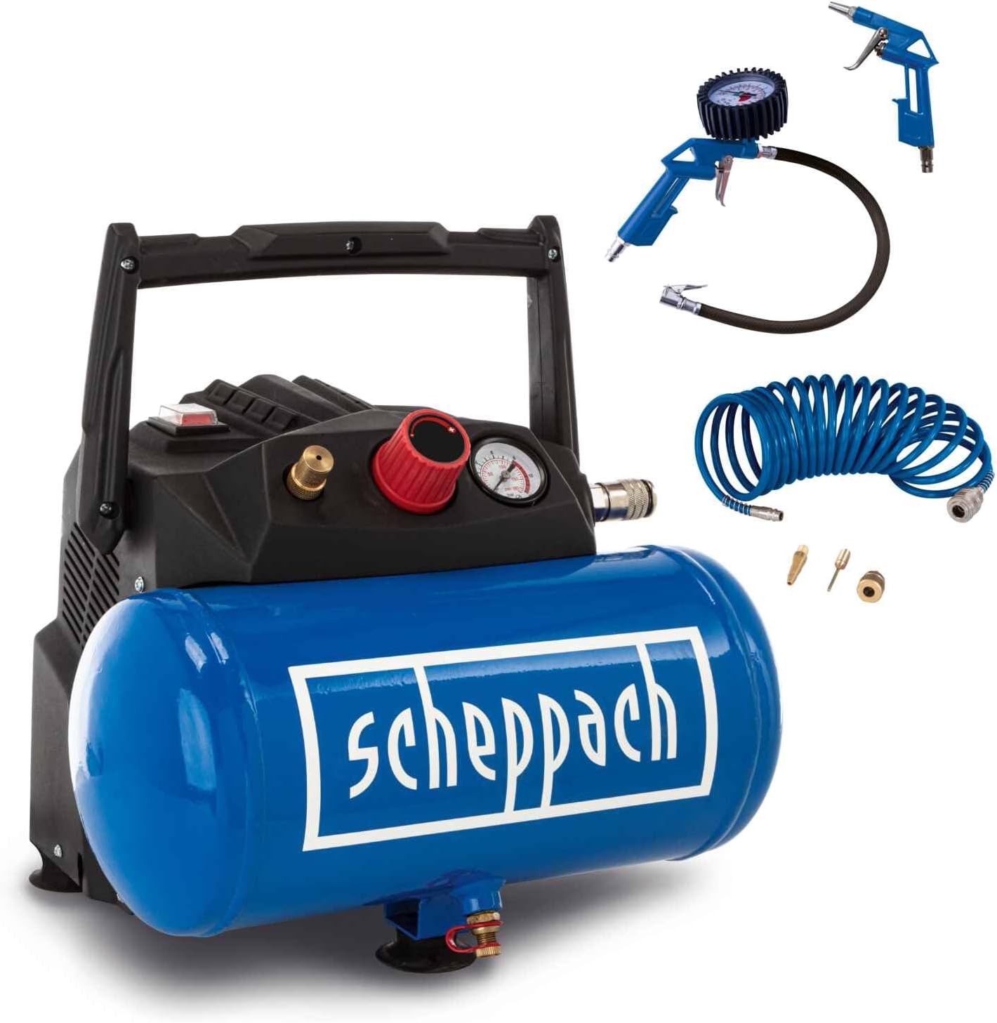 Scheppach HC06 Air Compressor | 1200W | 6L Tank | 8Bar | Oil-Free | Portable | Inc. Hose & Accessory Kit