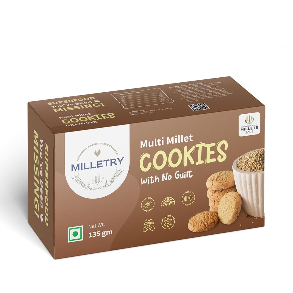 Milletry Multi Millet Cookies for Kids & Adults, Foxtail, Pearl, Ragi, Kodo & Jaggery, High Protein, Iron, Fibre, Superfood Snacks, Helps with Digestion (135g Cookies in Fresh) (B0CL9BJVCS) Amazon Price History, Amazon Price Tracker