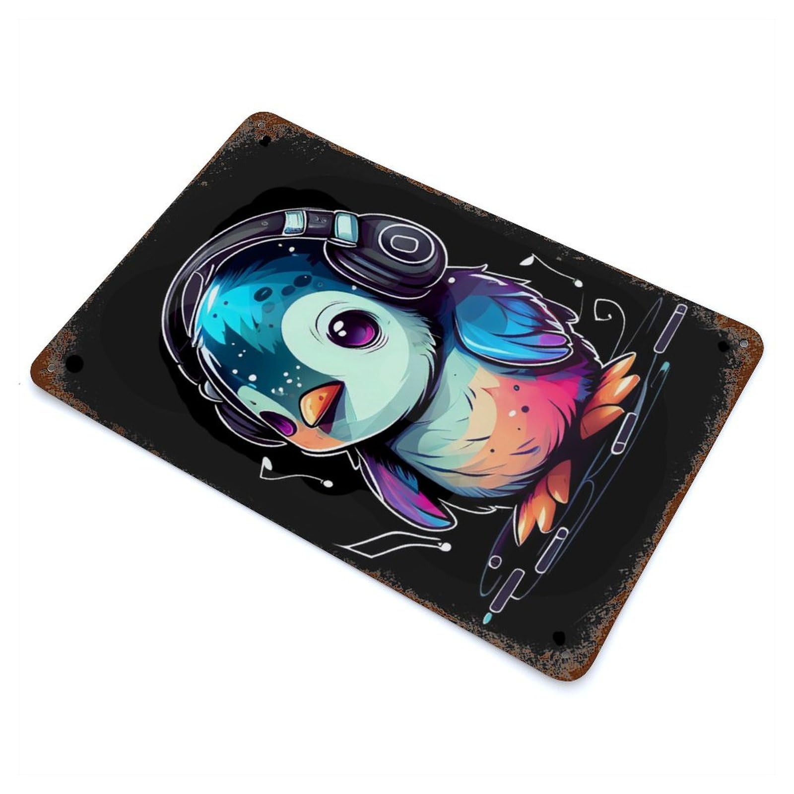 Rust Effect Baby Penguin with Headphon Retro Metal Sign 11.8"x7.9", Farmhouse Wall Decor for Living Room, Hallway And Home Decor